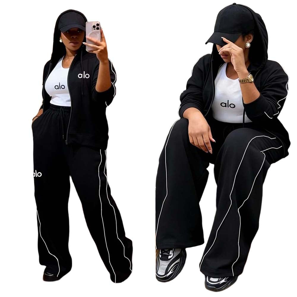 Women's Embroidered Hoodie Wide Leg 2 Piece Set