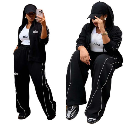 Women's Embroidered Hoodie Wide Leg 2 Piece Set