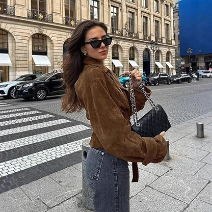 Women's Cropped Faux Suede Jacket Double Breasted Tie