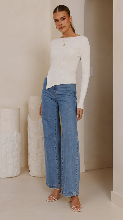 Women's Ribbed Asymmetric Hem Crew Neck Sweater Top