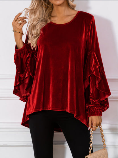 Women's Velvet Ruffle Sleeve Loose Tunic Top