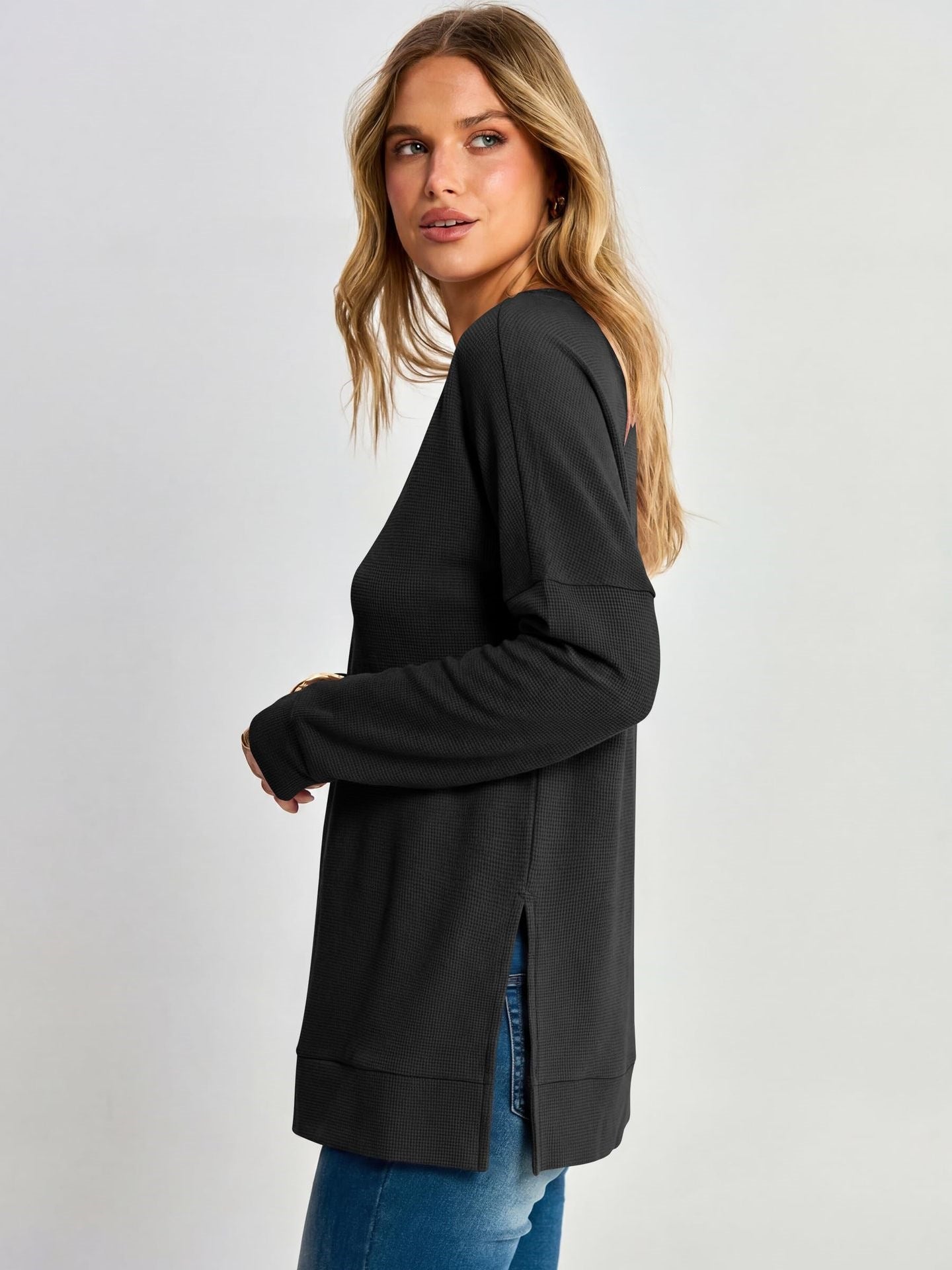 Waffle Knit Top V Neck Side Slit Relaxed Fit