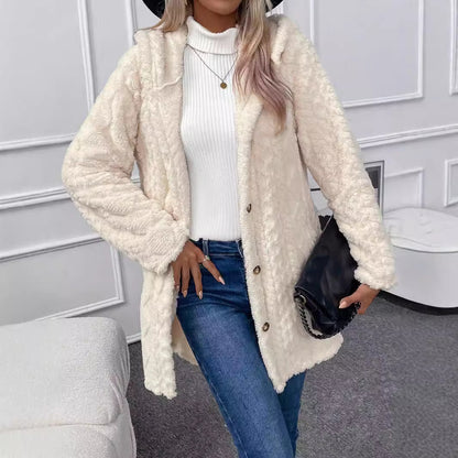 Women's Fuzzy Hooded Button Cardigan Winter Warm Coat