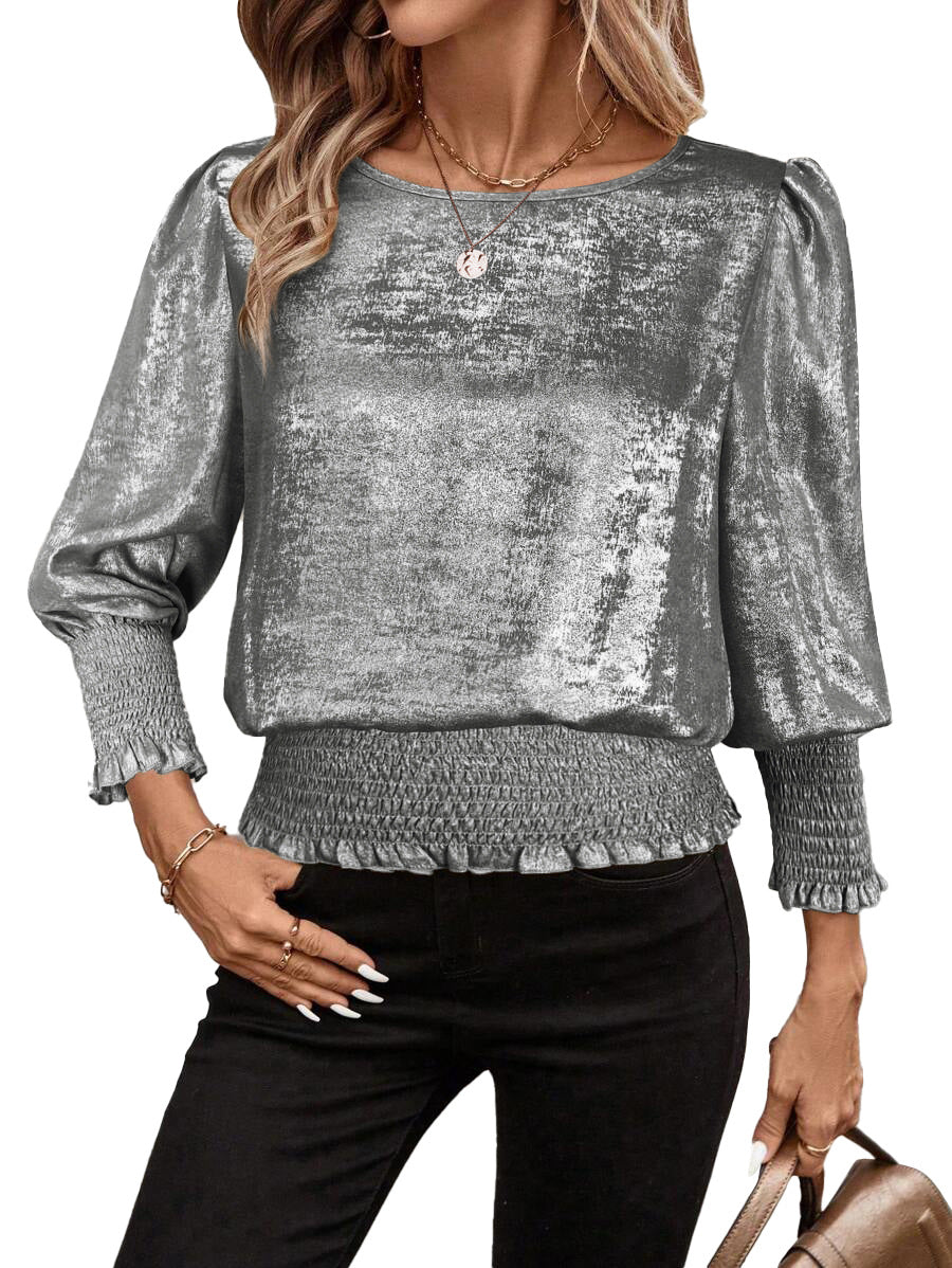 Metallic Smocked Hem Blouse Puff Sleeve Party Top