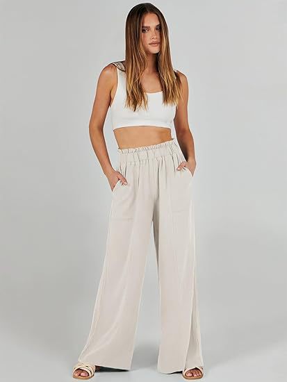 Women's High-Waisted Wide-Leg Linen Pants – Casual Summer Beach Trousers