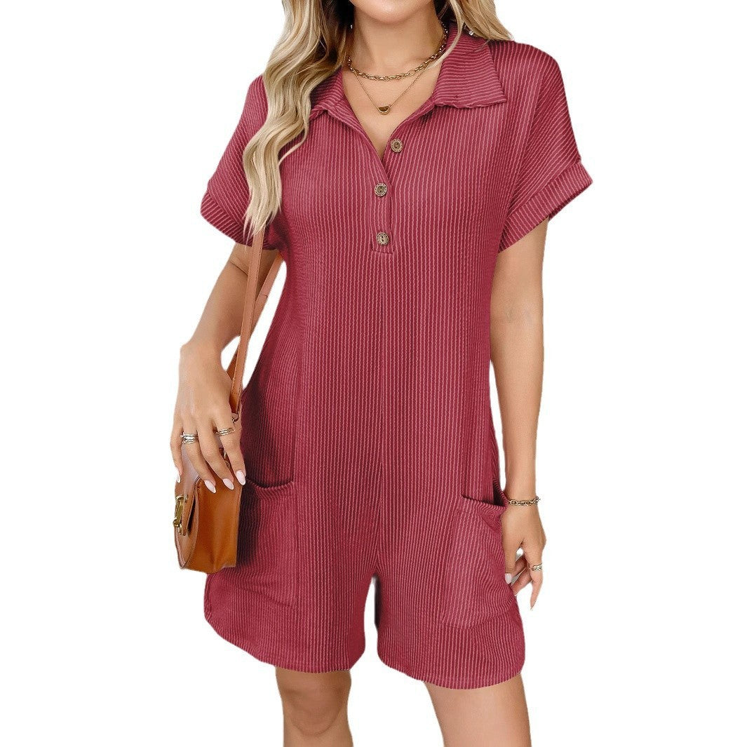 Ribbed Collared Button Romper Loose Pocket Lounge Outfit