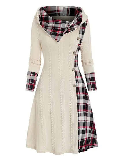 Hooded Cable Knit Sweater Dress Plaid Contrast Midi