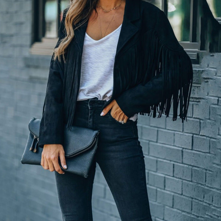 Women's Faux Suede Fringe Jacket Long Sleeve Lapel