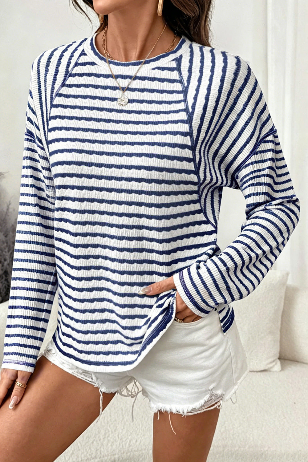 Textured Striped Long Sleeve Pullover Casual Knit Top