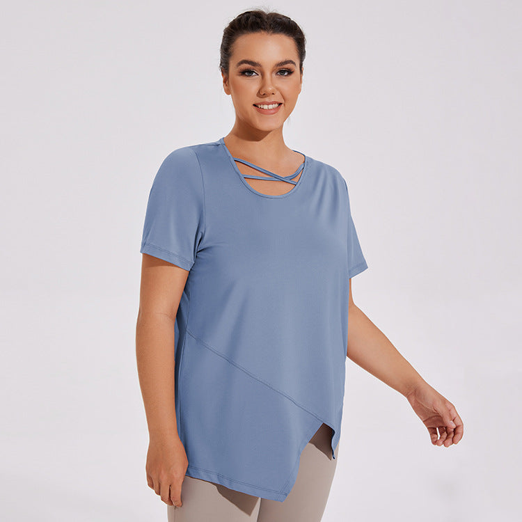 Plus Size Irregular Cross-neck Yoga Quick-drying Short-sleeved T-shirt Elastic Fitness Clothes