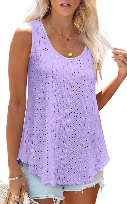 Eyelet Knit Tank Top Sleeveless Loose Fit Summer Top