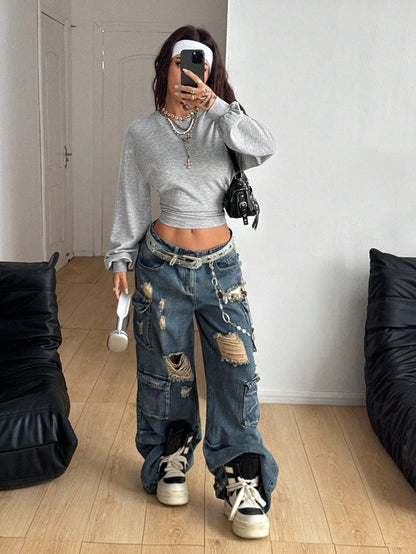 Y2K Crop Sweatshirt Slim Fit Solid Long Sleeve Top
