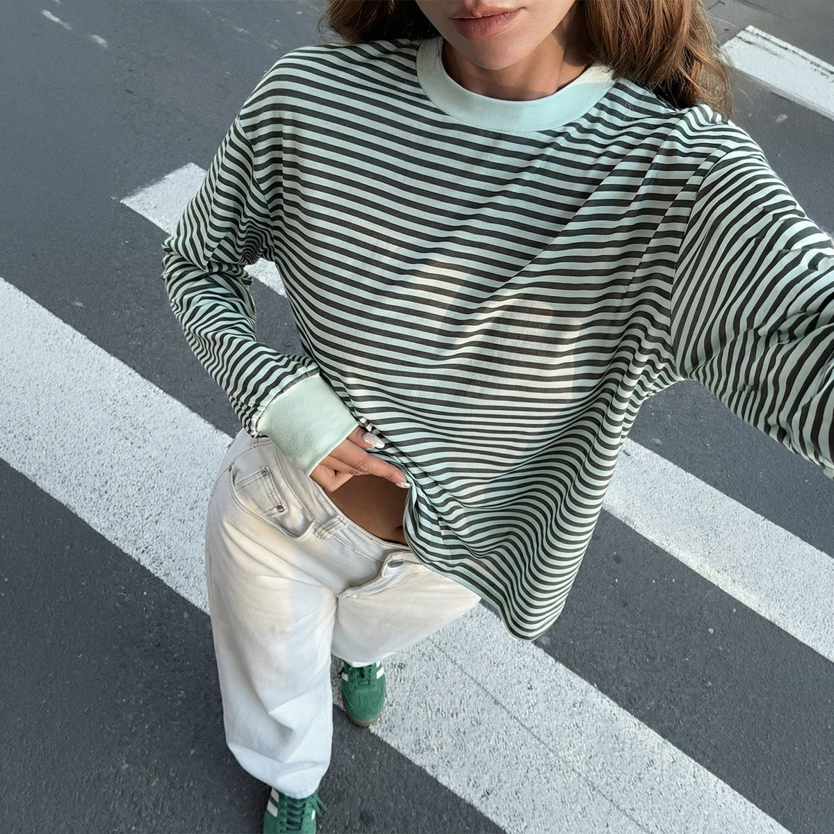 Pink Black Striped Long Sleeve Crew Neck Casual Tee