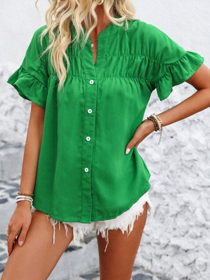 Cotton Linen Pleated Button Down Mandarin Collar Top