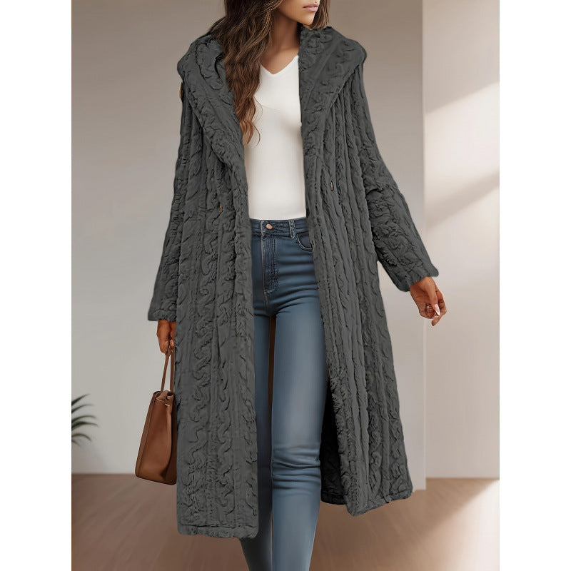 Hooded Long Coat Button Front Knit Outerwear Jacket