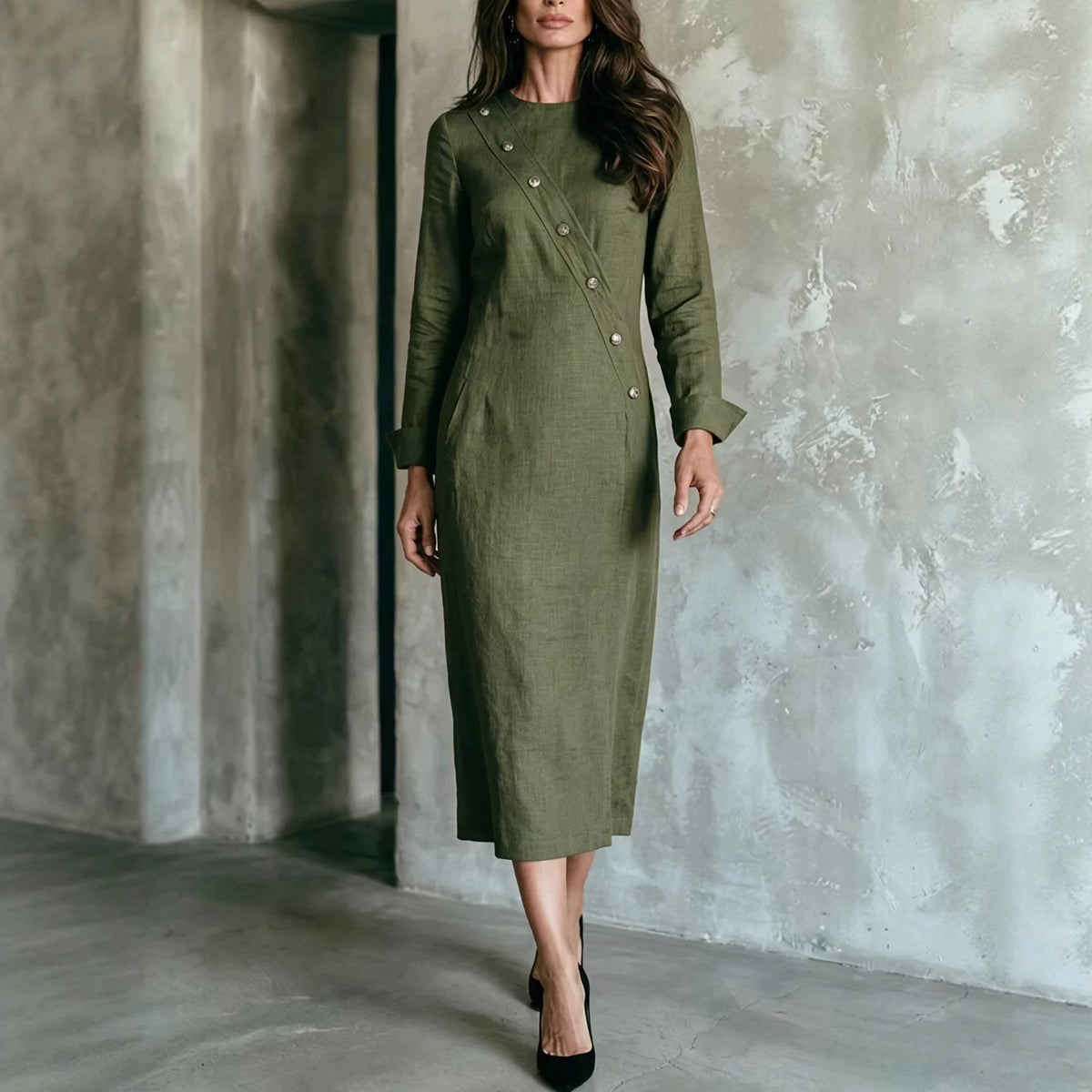 Women's Elegant Asymmetric Button Long Sleeve Midi Dress