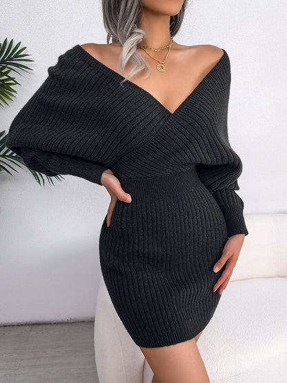 Cross V-Neck Batwing Sleeve Ribbed Bodycon Sweater Dress