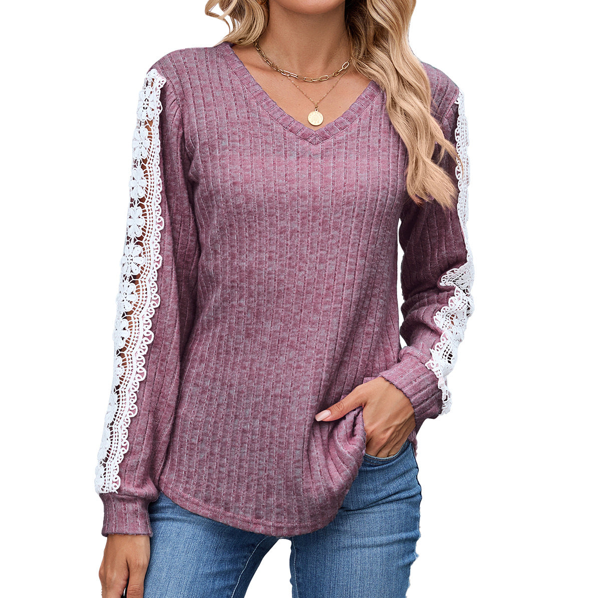 Women's V Neck Lace Long Sleeve Tunic Top