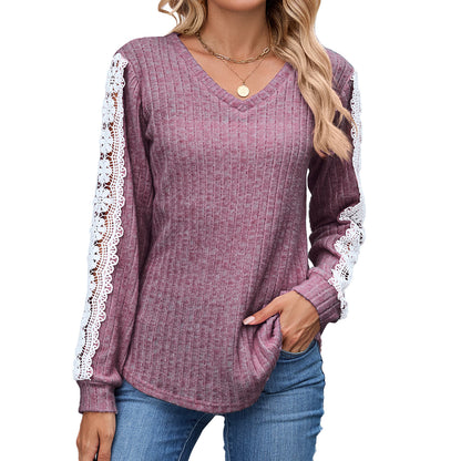 Women's V Neck Lace Long Sleeve Tunic Top