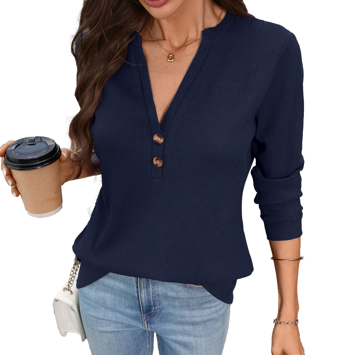 Women's Waffle Knit V-Neck Button Long Sleeve Top