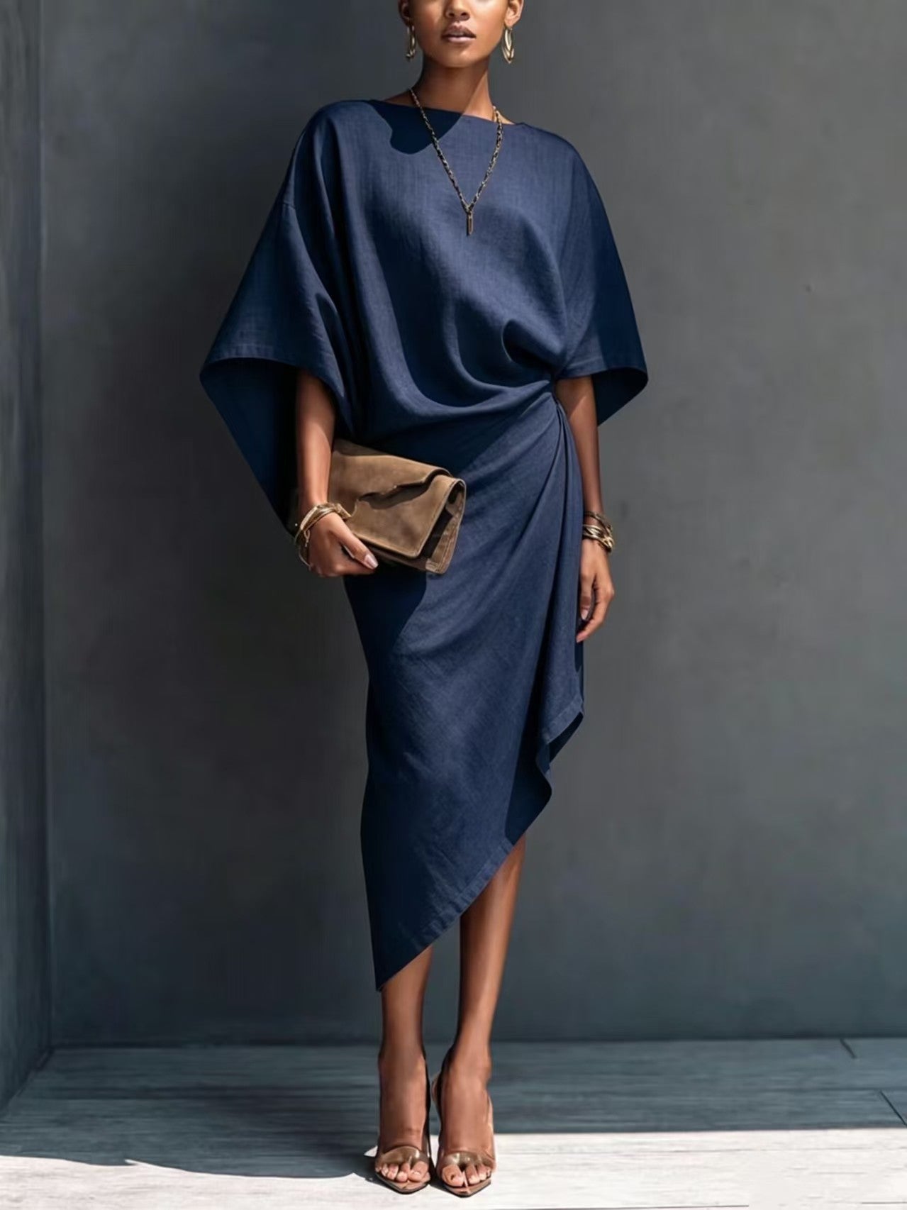Women's Batwing Sleeve Solid Asymmetrical Midi Dress
