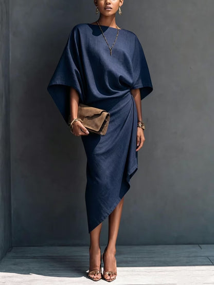 Women's Batwing Sleeve Solid Asymmetrical Midi Dress