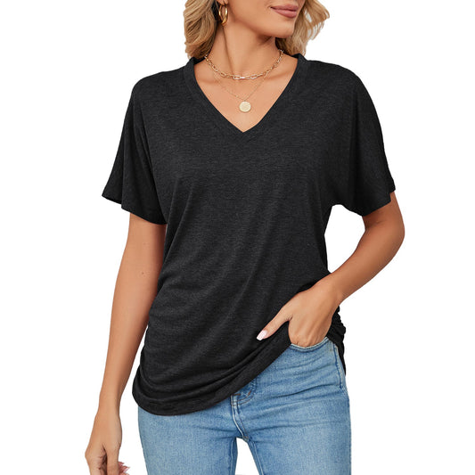Casual V Neck Loose Fit Short Sleeve T Shirt