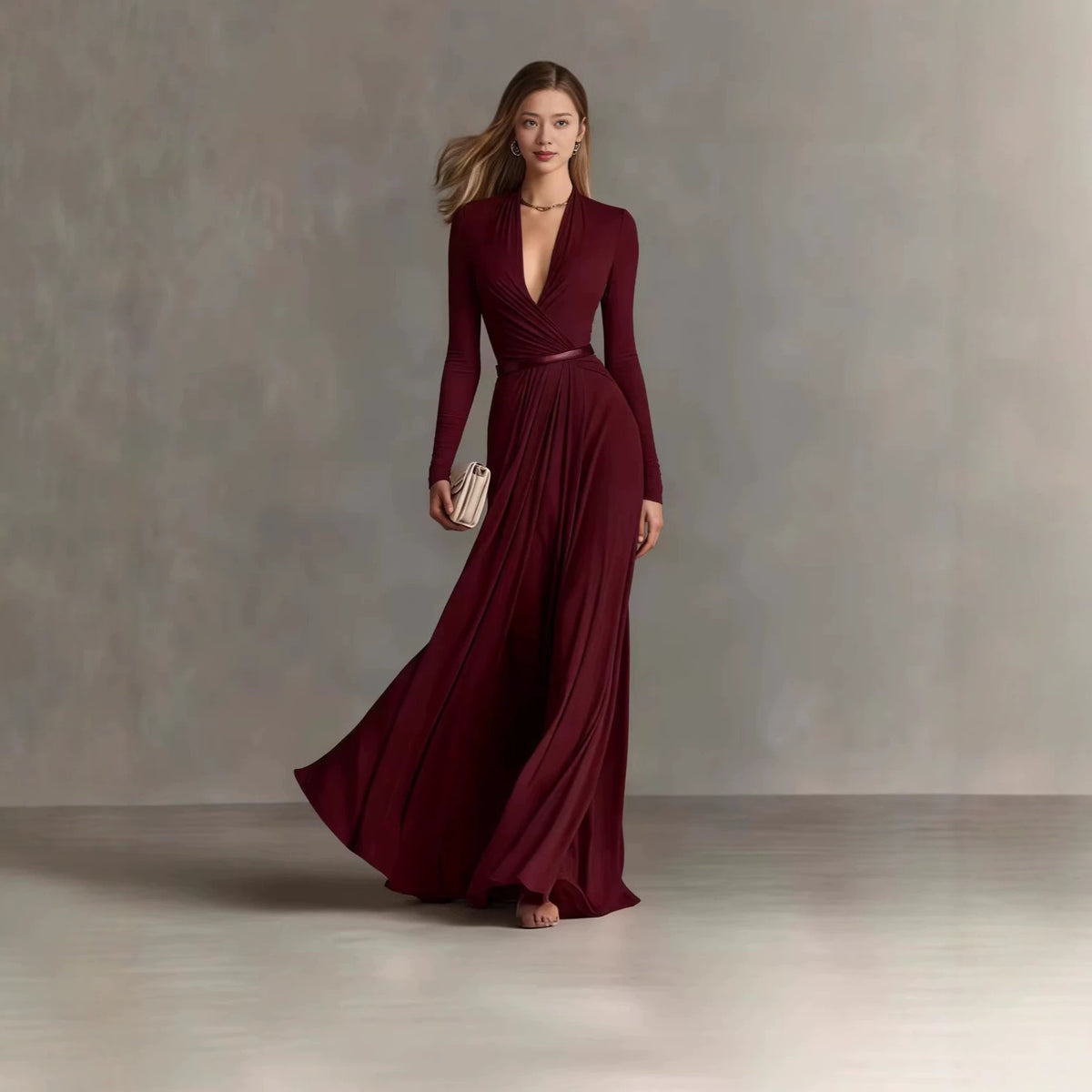 Elegant Deep V-Neck Long Sleeve Belted Maxi Dress