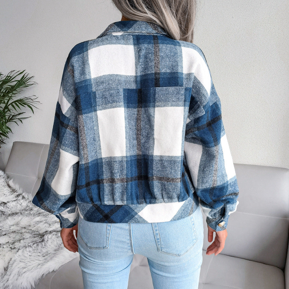 Women's Plaid Lantern Long Sleeve Tweed Jacket