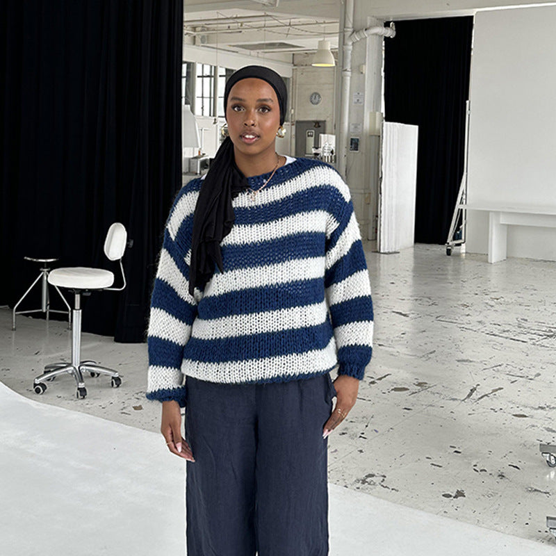 Women's Oversized Striped Chunky Knit Crew Neck Sweater