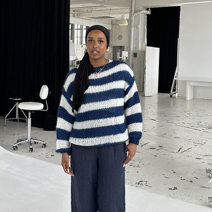 Women's Oversized Striped Chunky Knit Crew Neck Sweater