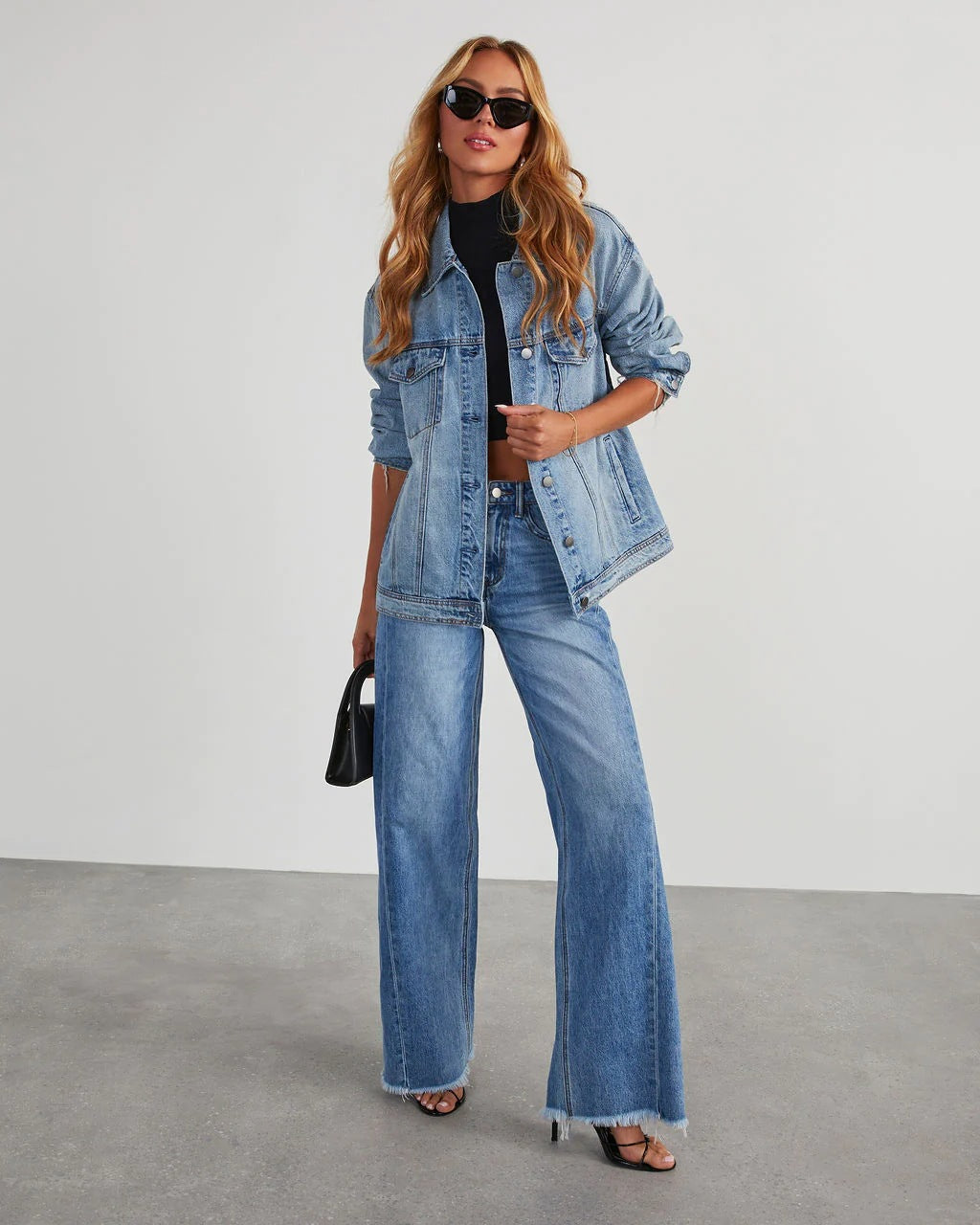 Women's Baggy Wide Leg Jeans Frayed Hem Mid-Rise