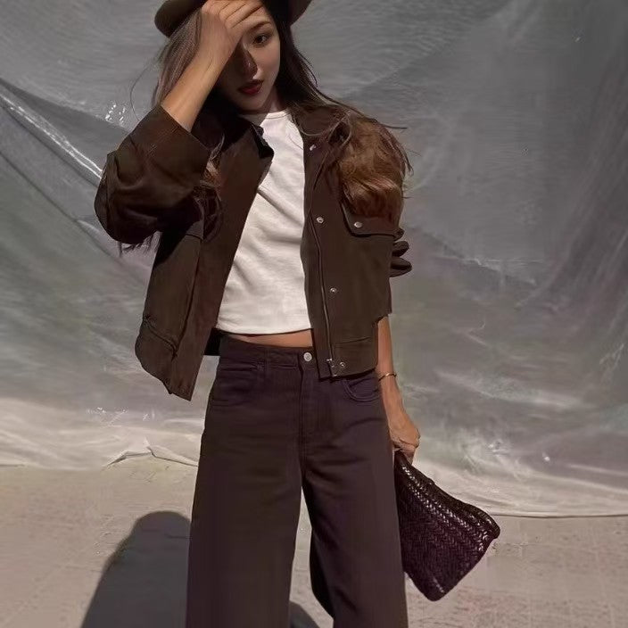 Women Vintage Brown Faux Suede Cropped Bomber Jacket