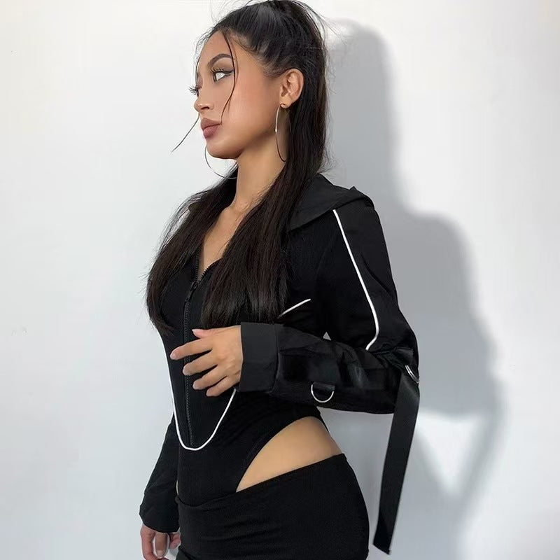 Women Hooded Cut Out Bodysuit Long Sleeve Streetwear