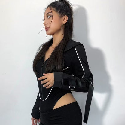 Women Hooded Cut Out Bodysuit Long Sleeve Streetwear