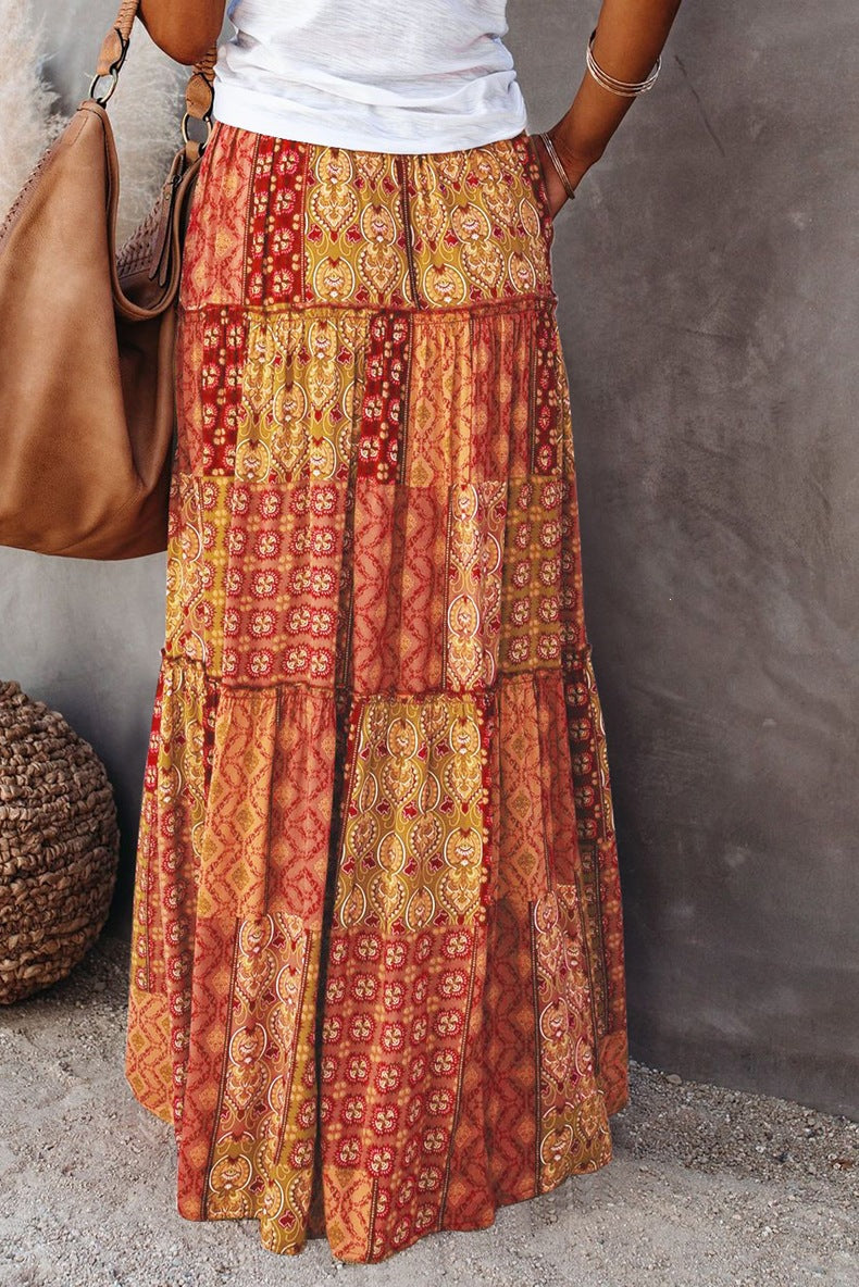 Boho Print Maxi Skirt High Waist Flowy Patchwork