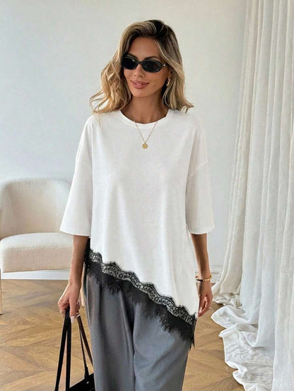 Lace Trim T Shirt Loose Fit Short Sleeve Top
