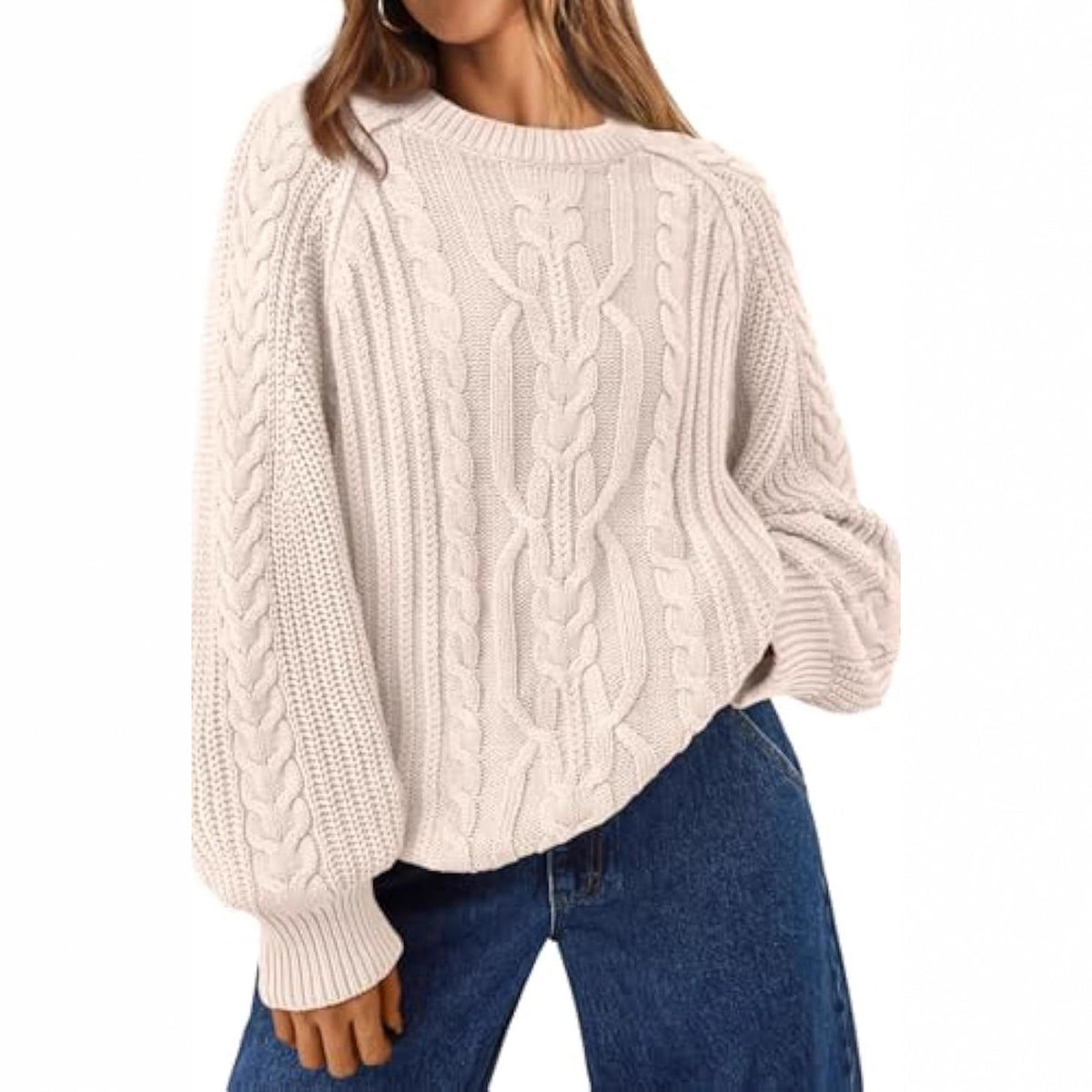 Women's Oversized Cable Knit Crew Neck Pullover Sweater