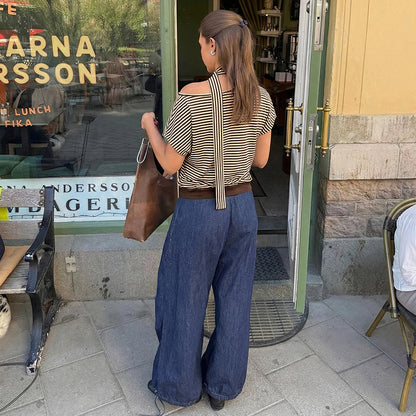 Striped One Shoulder Choker Neck Tee Casual Summer Top