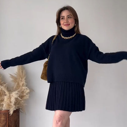 Oversized Turtleneck Sweater Skirt Two Piece Set