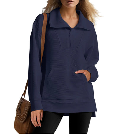 Women's Oversized Half Zip Collar Sweatshirt Asymmetric Hem