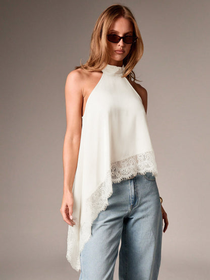 Satin Lace Trim Halter Tank Sleeveless Summer Top