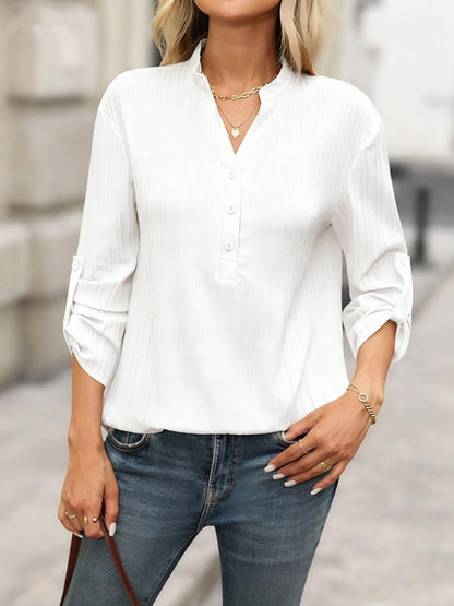 Women's Solid V-Neck Button Front Long Sleeve Blouse