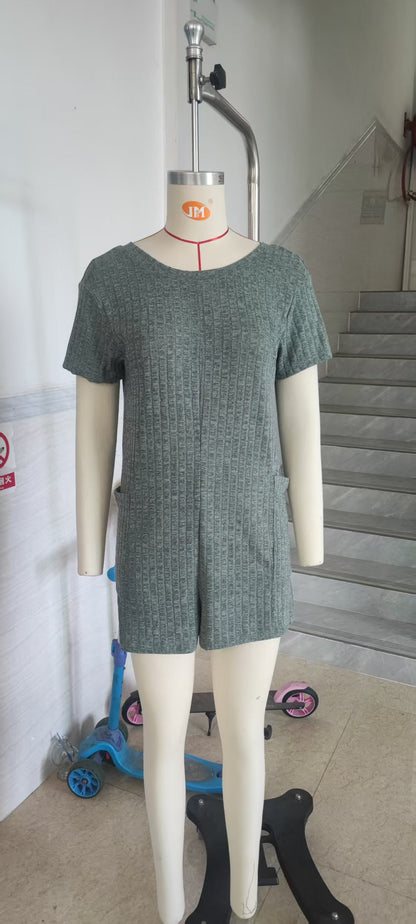 Waffle Knit Pocket Romper Loose Short Sleeve Lounge Set