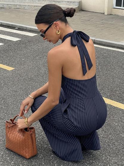 Striped Halter Backless Wide Leg Jumpsuit Office Chic