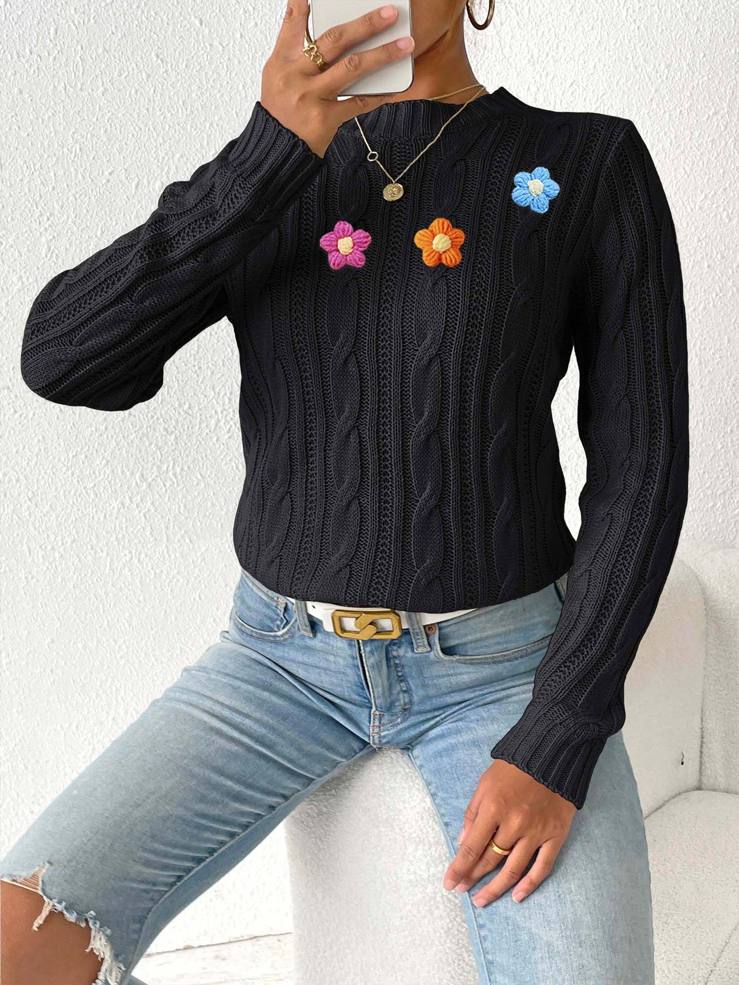 Crochet Flower Cable Knit Sweater | Cozy Fall/Winter Top