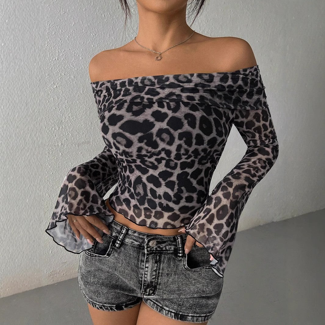Sexy Off Shoulder Leopard Mesh Bell Sleeve Crop Top
