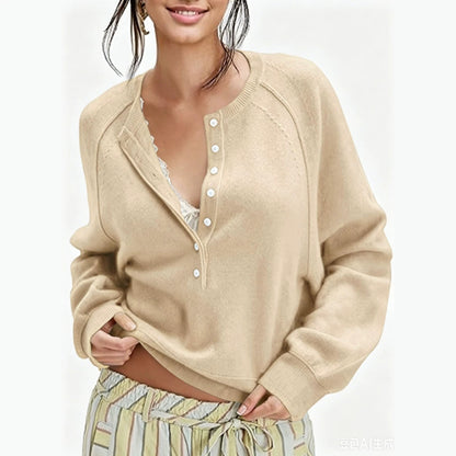 Women's Oversized Henley Sweater Button Front Knit Pullover
