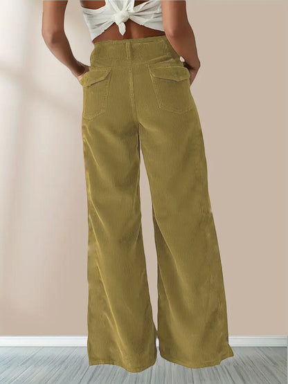 High Waist Corduroy Wide Leg Pants with Pockets
