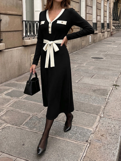 Contrast Trim V Neck Tie Waist Knit Midi Dress
